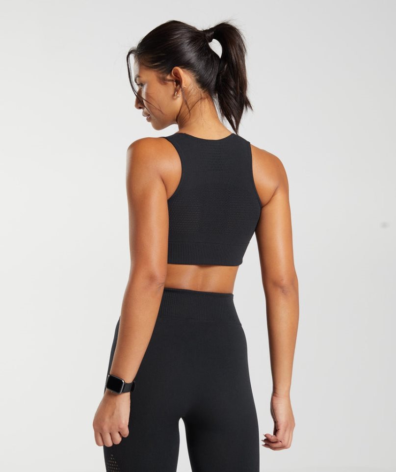 Women's Gymshark Warp Knit Cropped Tops Black | CA 836A7N